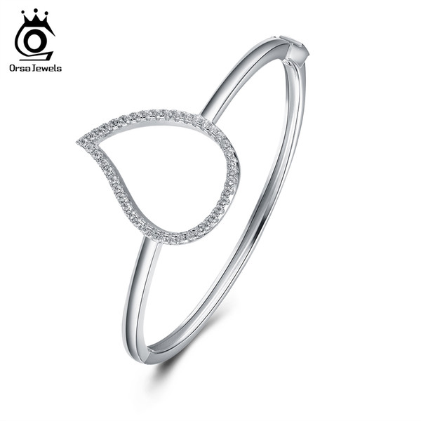 ORSA JEWELS Women Bangle Bracelet Silver Color Heart Shape With Micro Paved Cubic Zircon For Female OBB48