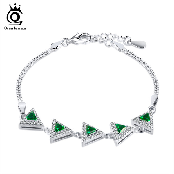 ORSA JEWELS Bracelets For Women Charm Bracelet Hand Snake Chain AAA Green Cubic Zircon Bangles Female Party Ball Jewelry OB52