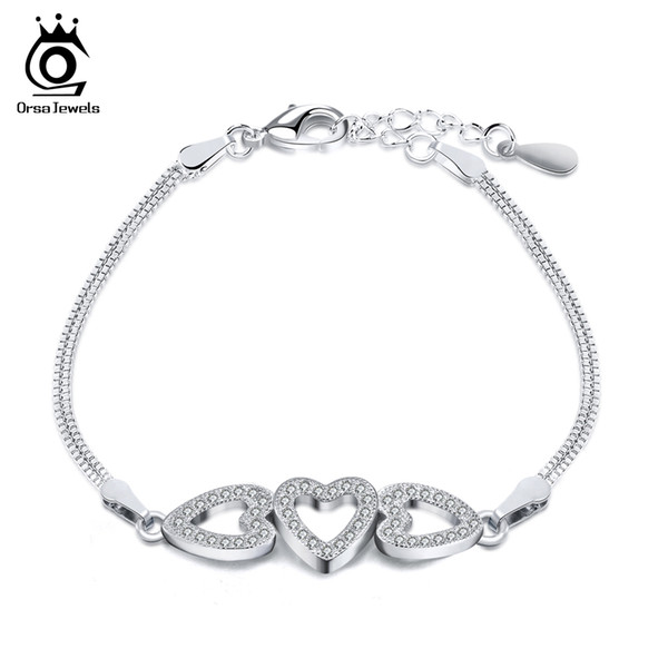 ORSA JEWELS Women Heart Bracelet Romantic Love AAA Austrian Cubic Zircon Female Silver Color Fashion Wedding Jewelry Gift OB55