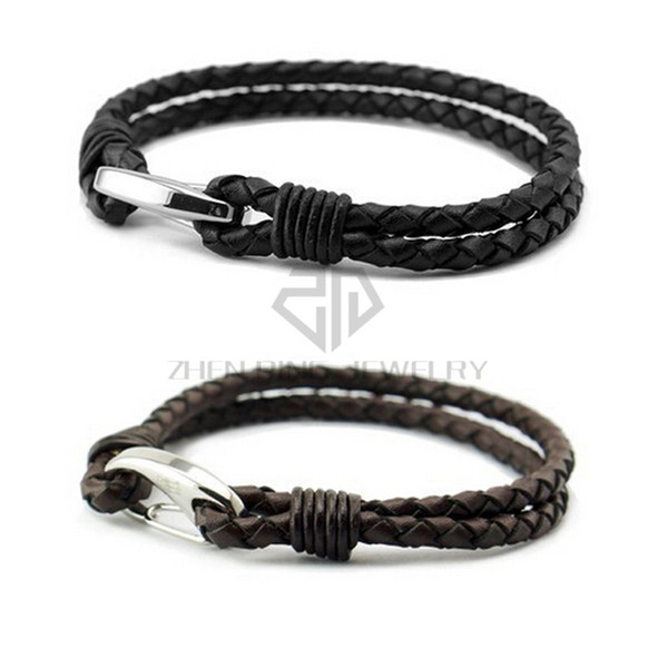 Mens Leather Bangle Genuine Leather Braided Bracelet with Stainless Steel Clasp (Black or Dark Brown Option)