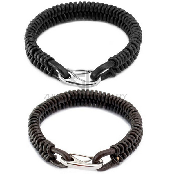 Mens Genuine Leather Braided Bracelet Bangle with Stainless Steel Clasp (Black Color or Dark Brown Option)