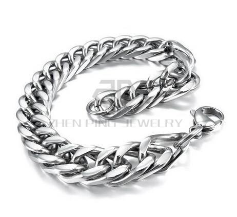 Free Shipping Men's 316L Stainless Steel Round Silver Color Wide Link Wrist Bracelet with Lobster Clasps