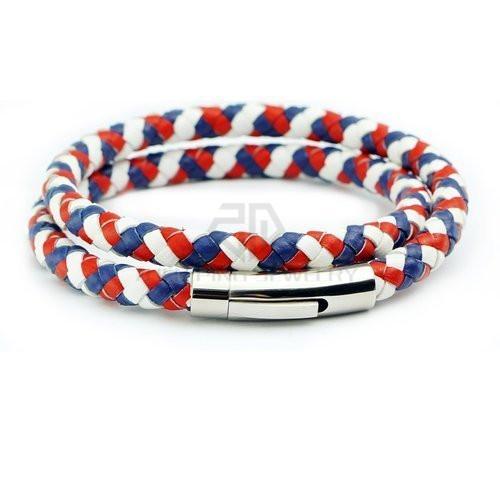 Men Braided Leather Jewerly Bracelet France Flag Color Durable 316L Stainless Steel Bracelet with Magnetic Clasp