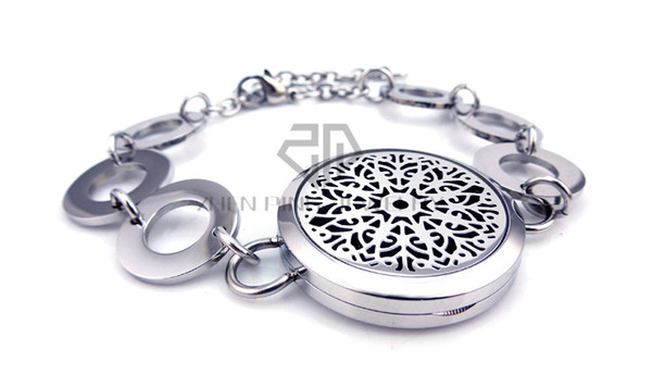 Free Shipping Round Steel color Mandala Flower (30mm) with Circle Band Aromatherapy / Essential Oils Locket Bracelet