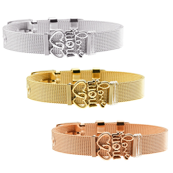Stylish DIY Mesh Belt Keeper Bracelet Double Heart Love Letter Charms Stainless Steel Reflections Bracelets Adjustable Women Gift