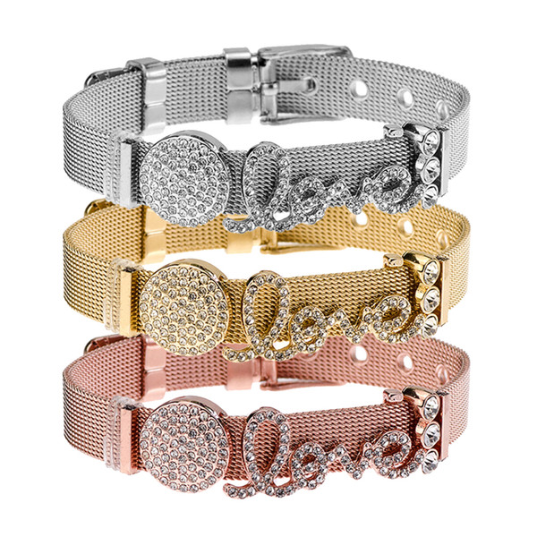 2018 New Mesh Keeper Bracelet Slide Stainless Steel Love Letter Crystal Charms DIY Bracelets Adjustable Buckle Belt