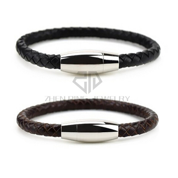 Genuine Leather Mens Bracelet Braided Cord with Durable Stainless Steel 6mm leather bracelet Magnetic Clasp(Black or Dark Brown Option)