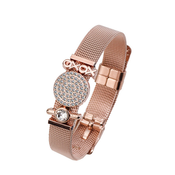 Stainless Steel Mesh Belt Keeper Bracelet XOXO Charm Adjustable Watch Band Buckle Cuff Bangle Women Wrist Decor Gift