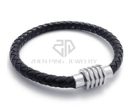 Black Leather Mens Bracelet Bangle Stainless Steel Magnetic Safe Clasp 21cm Length Best Valentine's Day Gift