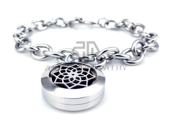 Round Steel Color Lotus Flower Desgin (20mm) with Circle Band Aromatherapy / Essential Oils Lockets Bracelet Jewelry