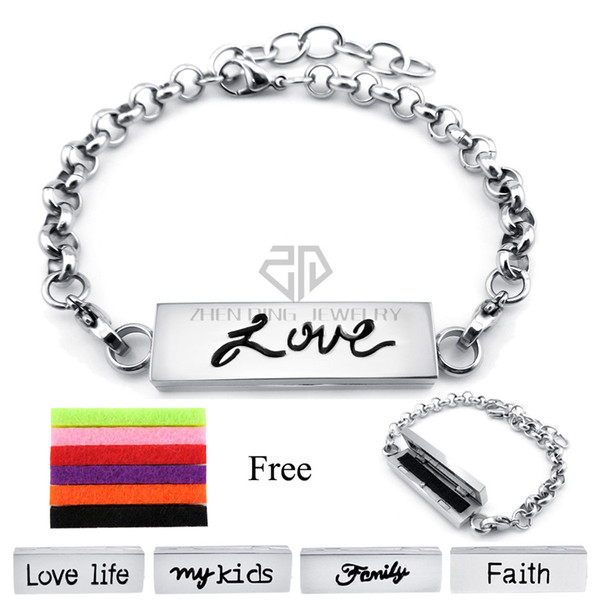 Square 35MM*10MM Silver Faith Stainless Steel Essential Oils Aromatherapy Bracelet Love Life Perfume Diffuser Bracelet