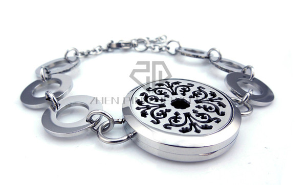 Round Steel Color Flower Design (20-30mm) with Circle Band Aromatherapy Diffuser Bracelet Essential Oils Lockets Bracelet