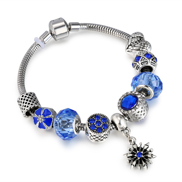 Antique Blue Charm Bracelet & Bangle with Snowflake and Flower Crystal Beads Women Wedding Valentine's Day Gift AA127