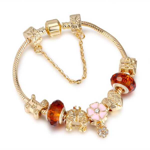 ROSE GOLD Charm Bracelet & Bangle with Heart and Flower Crystal Beads Women Wedding Valentine's Day Gift AA126