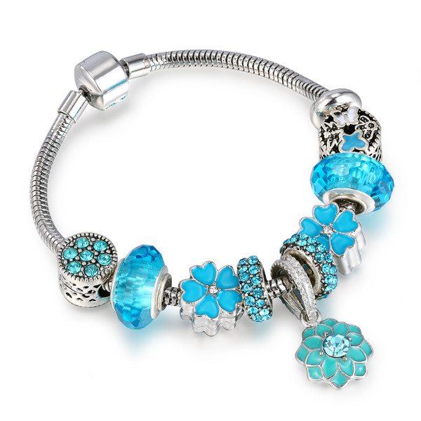 2018 Vintage Silver Plated Charm Murano Glass Bracelets For Women Enamel Blue Flowers Beads Bracelets DIY Jewelry AA128