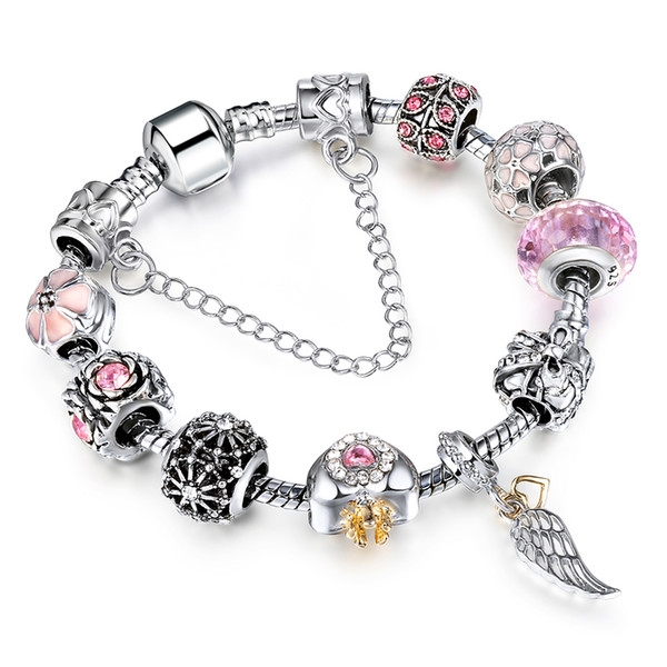 European Silver Bracelet Allow Silver Plated Bead With Wings Crystal for Lady Fashion Charm Bracelet Women Jewelry AA110