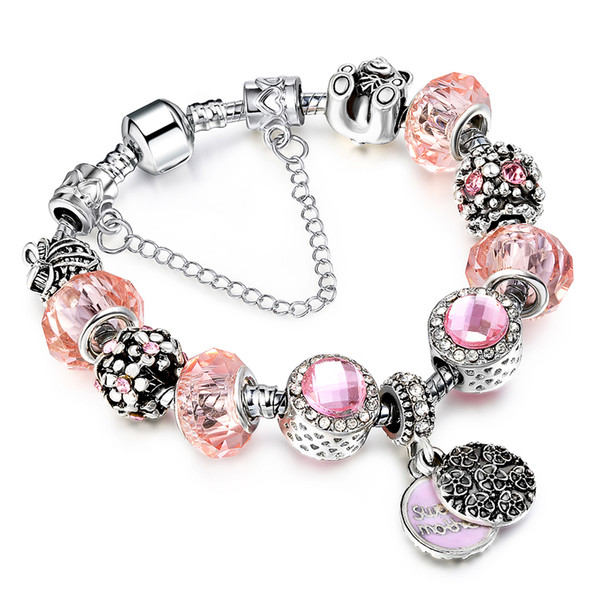 Hot Sell Authentic Tibetan DIY Bracelet Allow Silver Plated Bead With Pink Crystal Sweet Mother Charm Bracelet Women Jewelry AA103