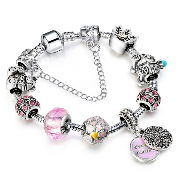 Crystal Bracelet Allow Silver Plated Bead With Pink Crystal Exquisite Beads Strand Bracelet Silver Plated With Pendant For Women Gift AA105