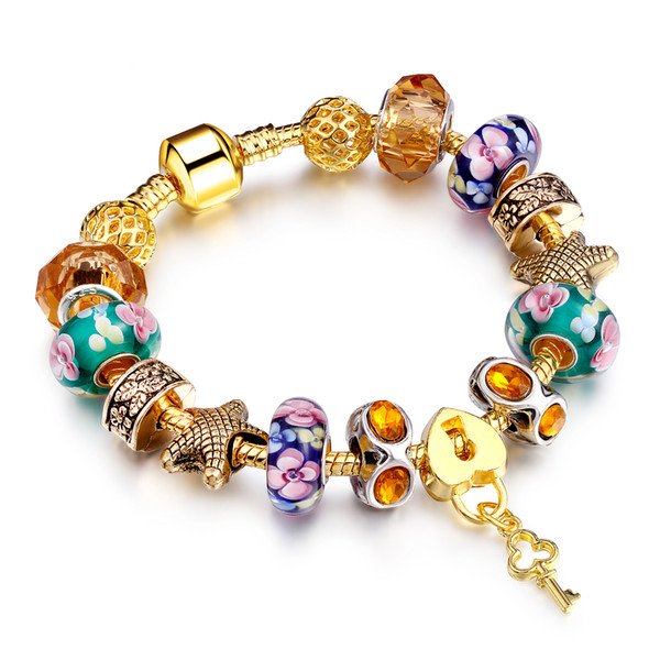 Gold Plated Charm Bracelet Pulseras for Women With Lock and Key Pendant Murano Glass Beads DIY Christmas Gift AA82