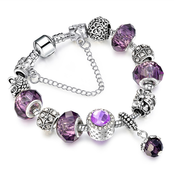 European Silver Bracelet Strand Allow Silver Plated Bead With Purple Crystal Charm Bracelet Women Jewelry AA108