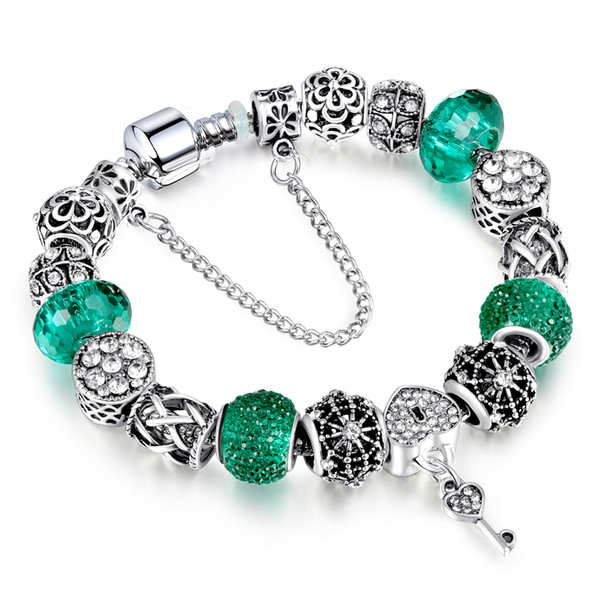 European Silver Bracelet Allow Silver Plated Bead With Green Crystal Charm Bracelet With Luxury Glass Beads for Women Jewelry AA114