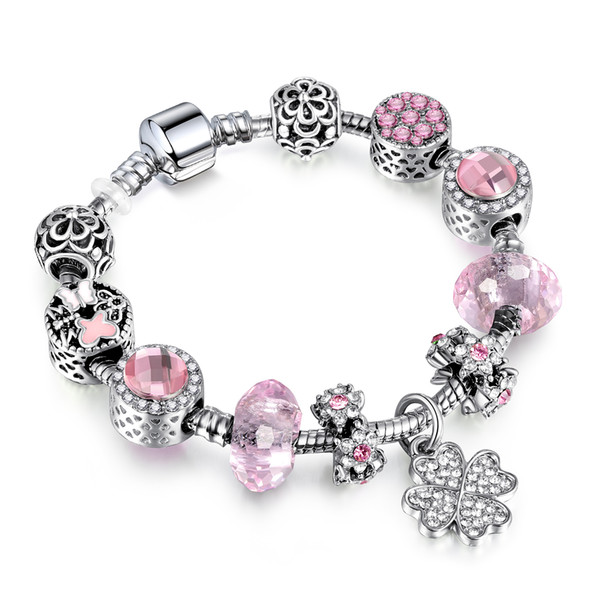 New Arrival 925 Silver Bracelet European Charms With Clover Pandent Crystal Bracelet For Women Jewelry AA112