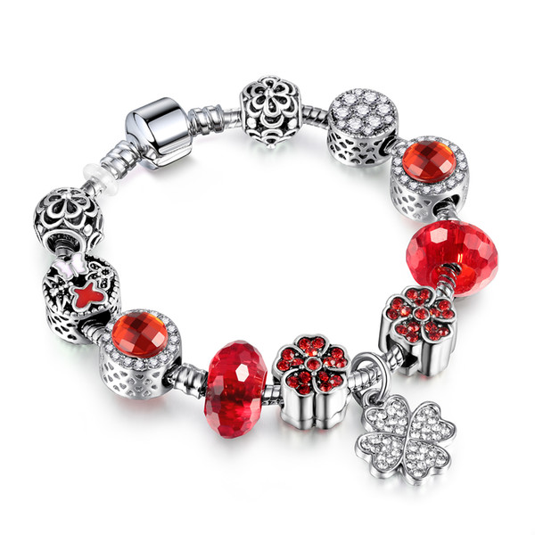 European Silver Bracelet Silver Plated Bead With Red Glass Beads & White Clover Charm Bracelet Women Jewelry AA113