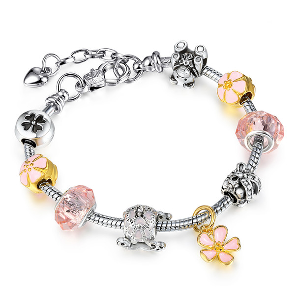 New Arrival European Allow Silver Plated Bead With Pink Crystal Charm Bracelet For Women DIY Jewelry AA98