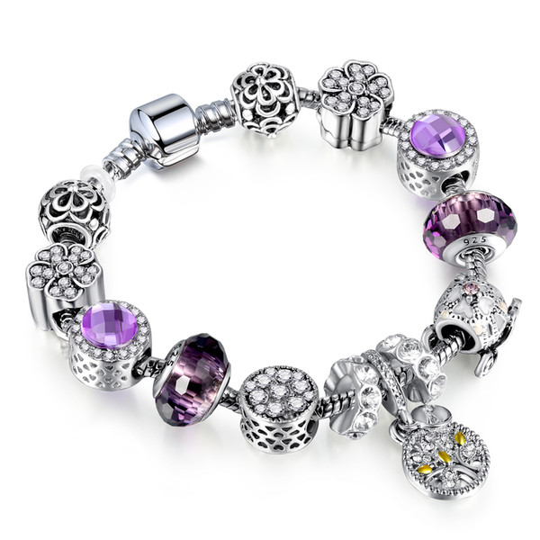 European Hot Sells Silver Bracelet Allow Silver Plated Bead With Purple Crystal Charm Bracelet Women Jewelry AA117