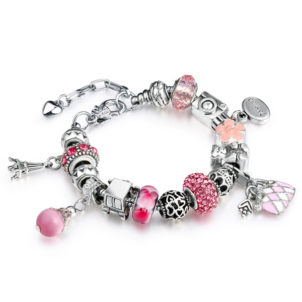 AA46 Romantic Charm Bracelet & Bangle for Women With Bag Charm Crystal Beads DIY Snake Chain Gift Wife