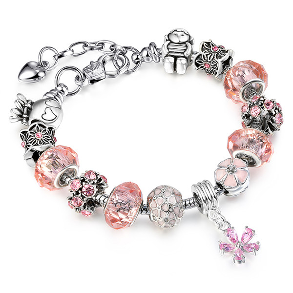 Fashion European Style Silver Plated Crystal Charm Bracelets for Women With Pink Murano Glass Beads Handmade Jewelry AA107