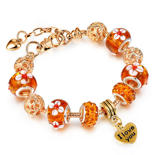 New European Allow Rose Gold Plated Bead With Orange Glass Charm Bracelets with Heart Pendant I Love You Women Jewelry AA99