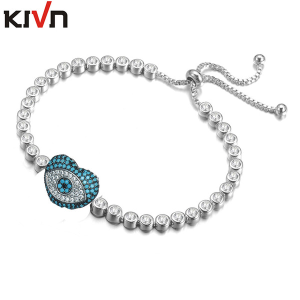 KIVN Womens Fashion Jewelry Adjustable Heart Blue eye CZ Cubic Zirconia Wedding Bridal Bracelets Mothers Birthday Christmas Gift