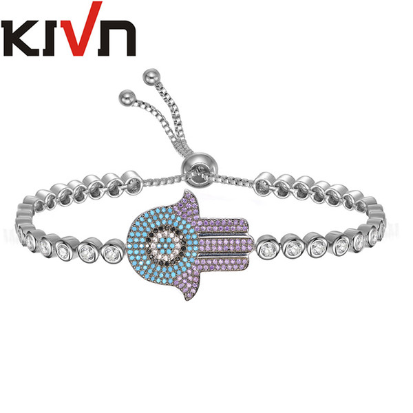 KIVN Fashion Jewelry Adjustable Hamsa Hand Blue eye Pave CZ Cubic Zirconia Womens Girls Wedding Bridal Bracelets Birthday Gifts