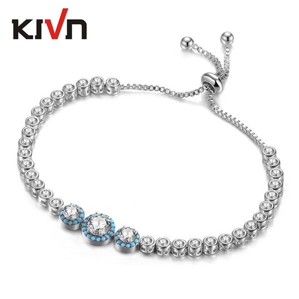 KIVN Fashion Jewelry Adjustable Bolo Blue Charm Tennis Pave AAA CZ Cubic Zirconia Bridal Wedding Bracelets for Women Christmas Birthday Gift