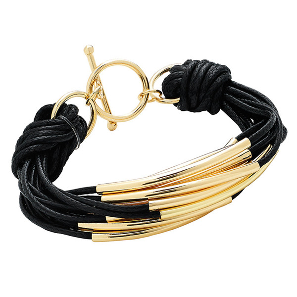 KIVN Fashion Jewelry Gold Color Tube Strands Statement Black Leather Bracelets for Women Girls Ladies Birthday Gifts