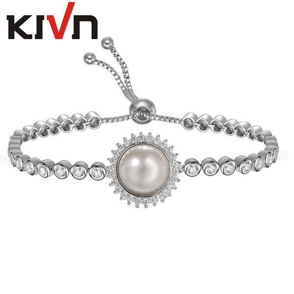 KIVN Fashion Jewelry CZ Cubic Zirconia Pearl Adjustable Bolo Womens Bridal Wedding Simulated Pearl Bracelets Promotion Birthday Gifts