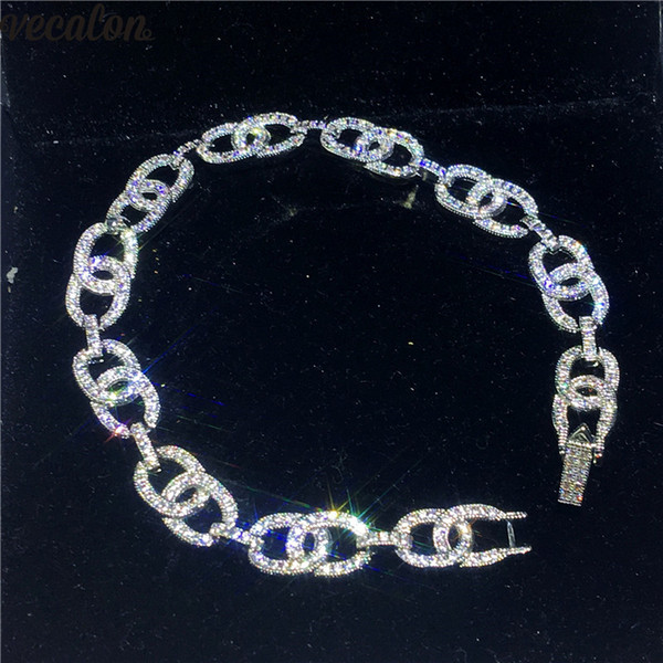 Vecalon Hiphop Chain Bracelet Pave setting Diamond White gold filled wedding Bracelets for women men Party Jewelry