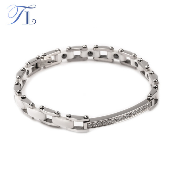 TL Stainless Steel Silver Ceramic Bangles Bracelets Energy Bracelet Black&White Ceramic Bracelet Inlaid Zircon Hologram Jewelry