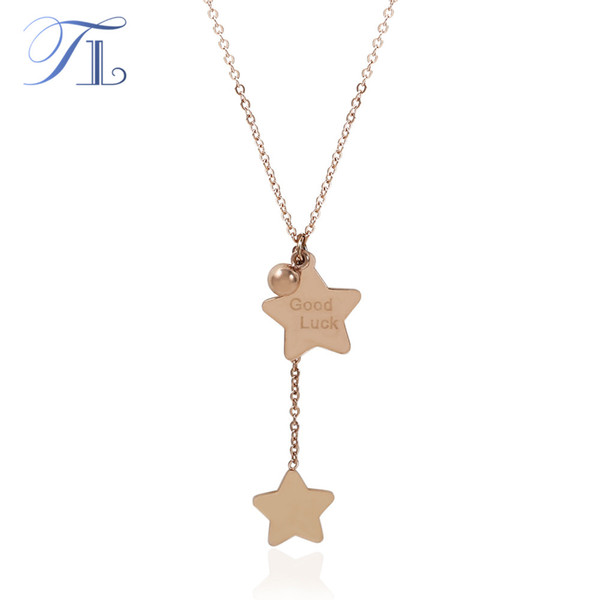 TL Good Lucky Jewelry For Lady Rose Gold Color Stainless Steel Choker Necklace Double Star Pendant Necklace Chain Birthday Gift