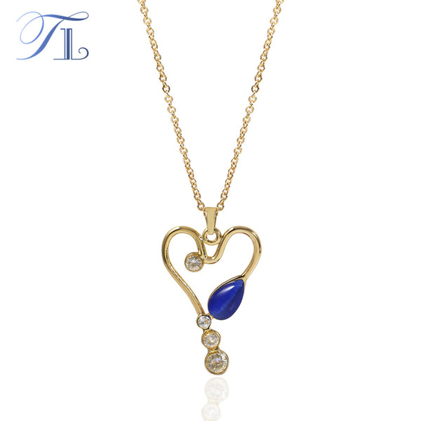 TL Unique Heart Design Necklace &Pendant Gold Color Stainless Steel Necklace Chain Blue Cat Eye Stone&Crystal Pendant For Women