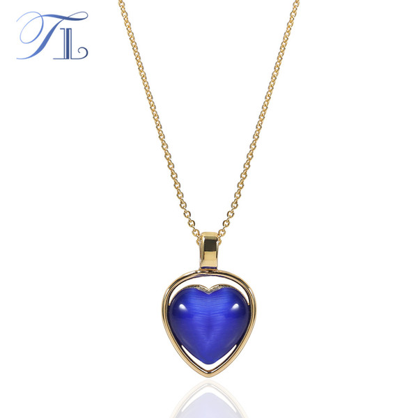 TL Top Quality Stainless Steel Charm Heart Necklace&Pendant Natural Blue Cat Eye Stone Pendant Chain Jewelry For Women Feminino