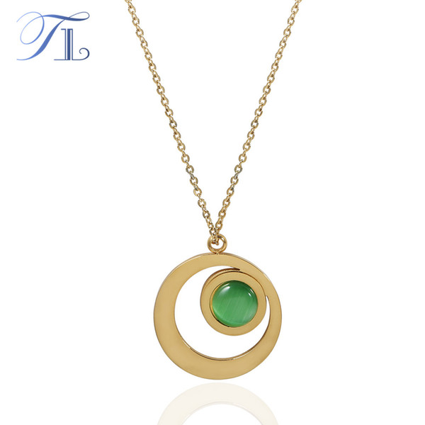 TL Hollow Double Layer Big Round Necklaces& Pendant For Women Stainless Steel Golden Color Chain Necklace Green Cat Eye Jewelry