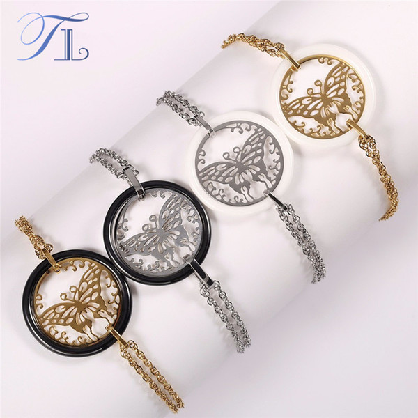 TL Unique Butterfly Theme Ceramic Bracelets Hollow Stainless Steel Flake Ceramic Circle Korean Fashion Charm Bracelet For Women