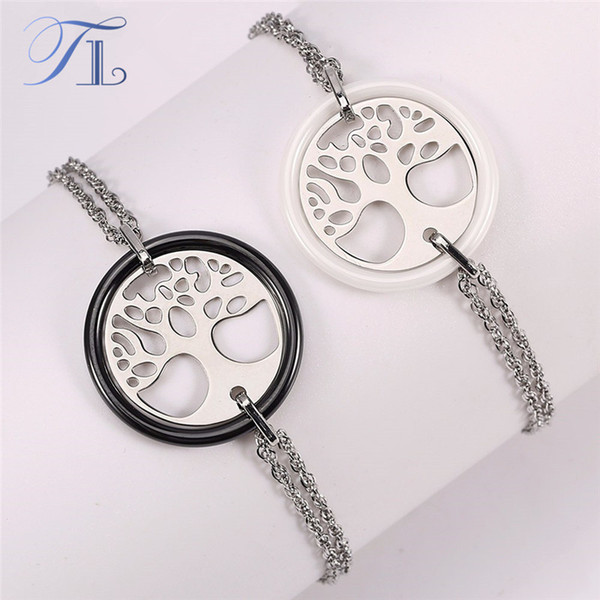 TL New Arrival Ceramic Bracelet Stainless Steel Hollow Life Tree Double Circle Charm Bracelet For Women Korean Hot Sale Jewelry