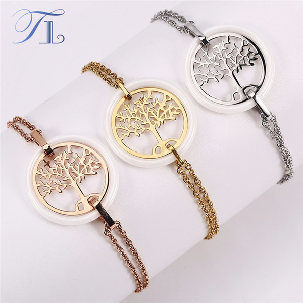 TL Hot Sale Life Tree Ceramic Bracelets Stainless Steel Hollow Life Tree Flake White Ceramic Circle Charm Bracelet For Women