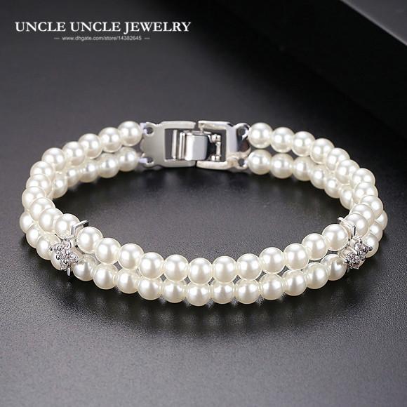 On Sale White Gold Color Simulated Pearls Zirconia Inlay Double-deck Style Luxury Woman Bracelet Wholesale Fashion Gift