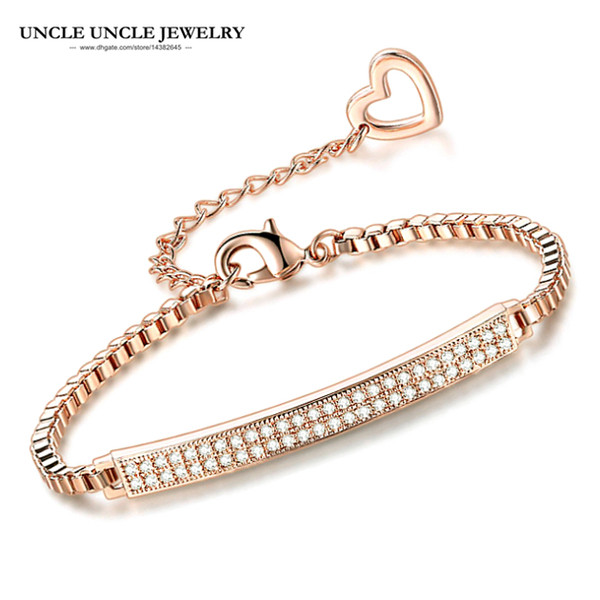 Elegant Rose Gold Color 52 pcs Clear Zirconia Crystal Micro Studded Simple Design Women Bracelet Box Chain Wholesale