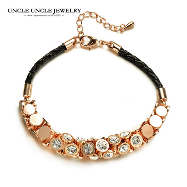 Rose Gold Color Austrian Rhinestone Stud Classic Bohemian Style Black Rope Lady Bracelet Wholesale