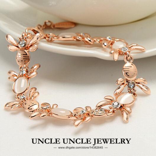 Rose Gold Color High Quality Rhinestone & Opal Inlaid Lovely Bees Element For Love Style Lady Bracelet Wholesale